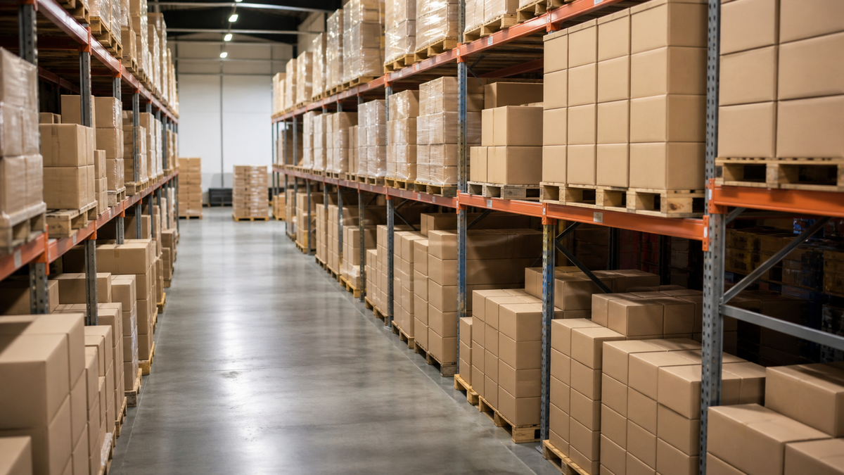 Organized boxes on metal racking in a warehouse setting