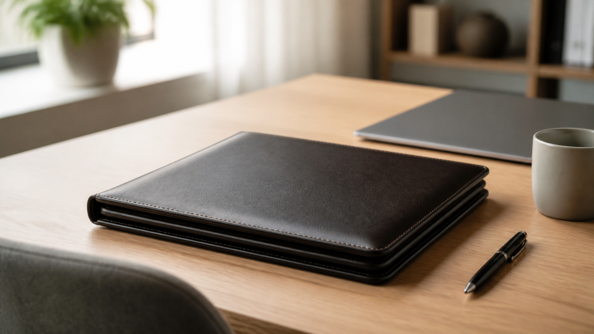 A closed leather portfolio resting on a wooden desk