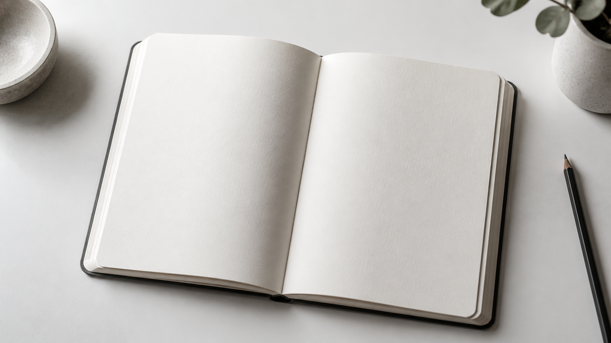 An open blank notebook lying flat on a white surface
