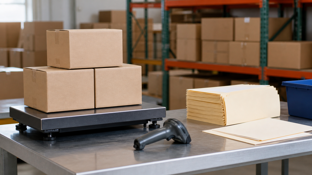 An unmarked pallet scale beside sealed cartons.