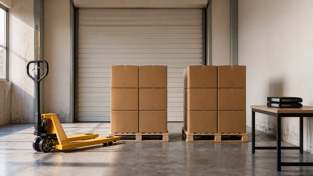 A clean warehouse loading area with a pallet jack.